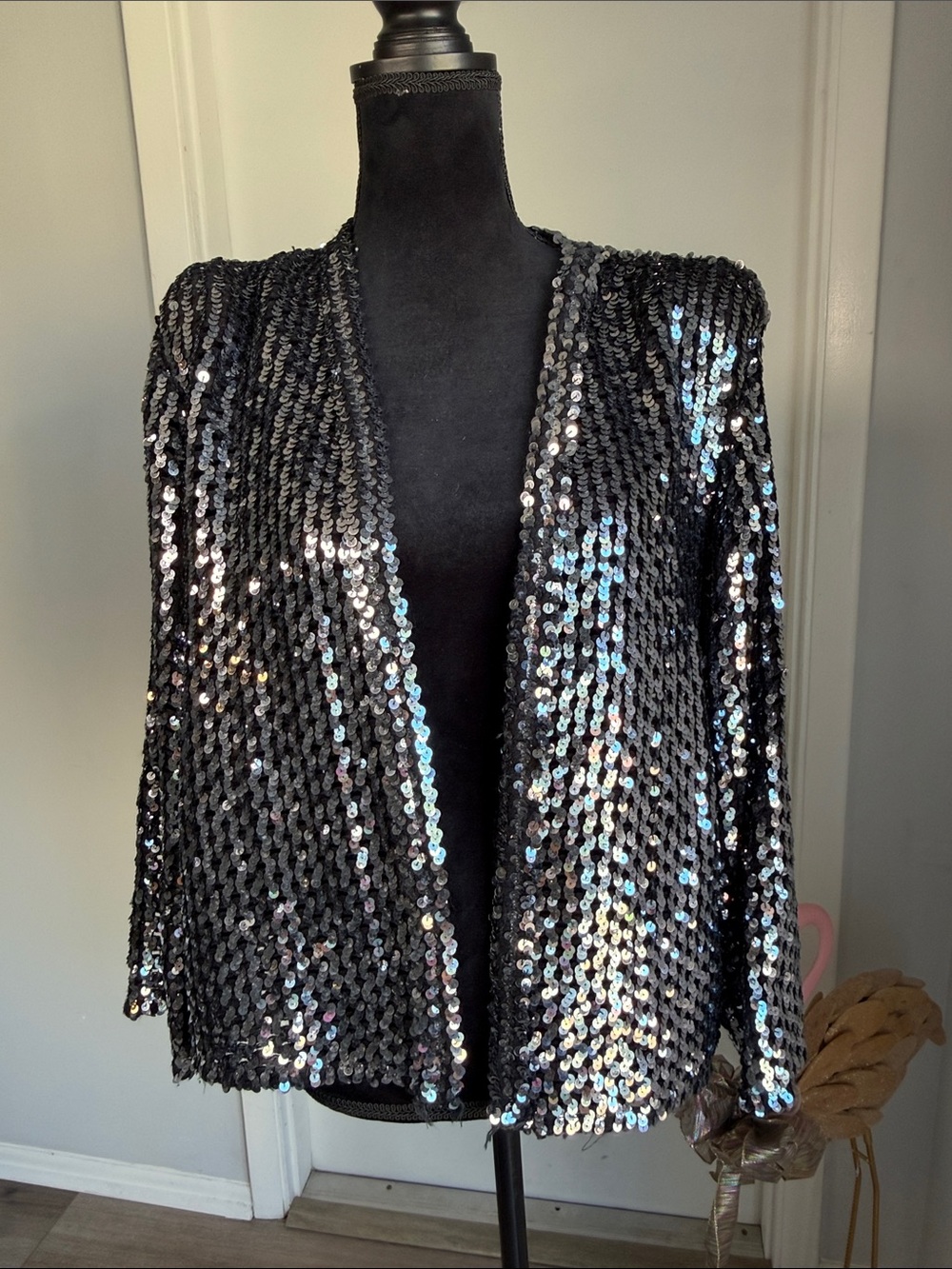 Black Sequin Open-Front Blazer